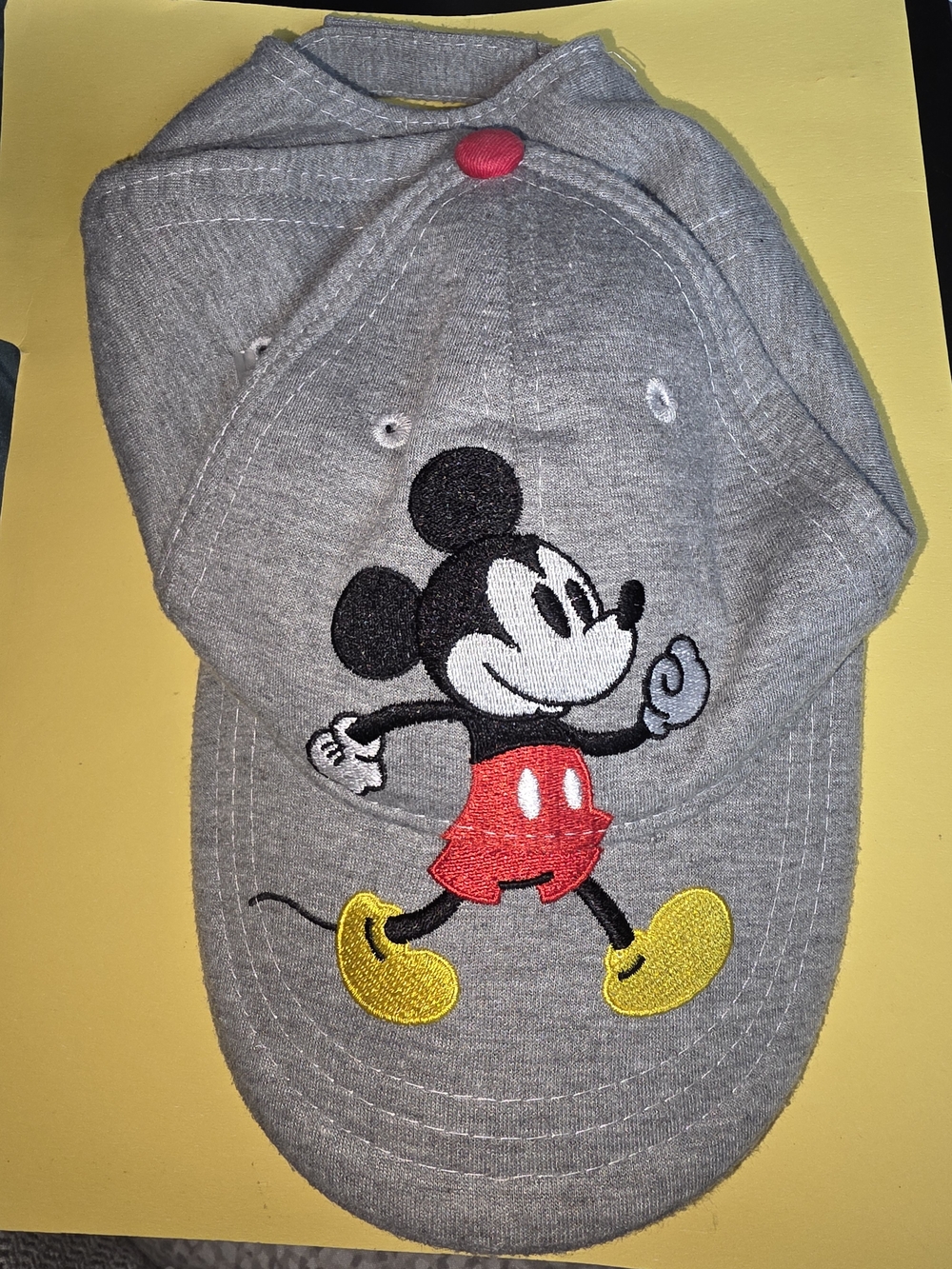 Gray Mickey Mouse Baseball Cap with Red and Yellow Details